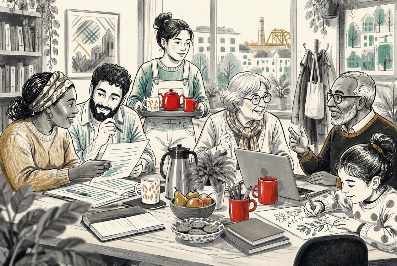 Groupe intergénérationnel qui échange et s’entraide autour d’une table