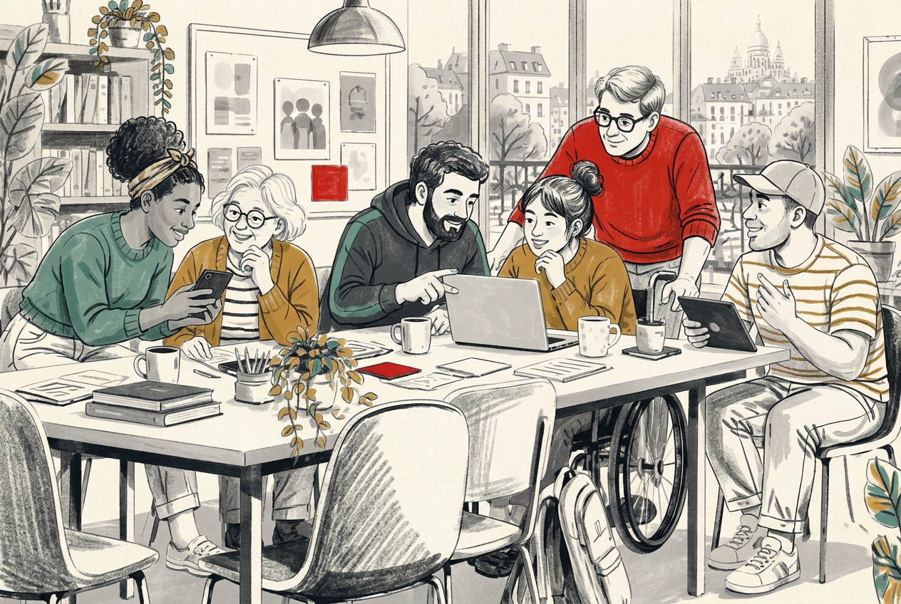 Groupe de personnes de tous âges qui apprennent à utiliser un téléphone et un ordinateur